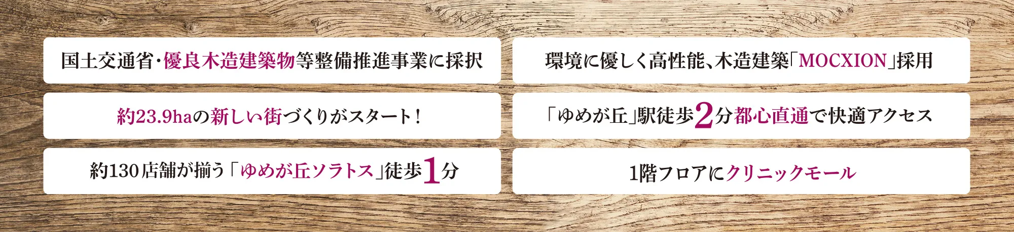 国土交通省・優良木造建築物等整備推進事業に採択 環境に優しく高性能、木造建築「MOCXION」採用 約23.9haの新しい街づくりがスタート！ 「ゆめが丘」駅徒歩2分都心直通で快適アクセス 約130店舗が揃う「ゆめが丘ソラトス」徒歩1分 1階フロアにクリニックモール開業予定